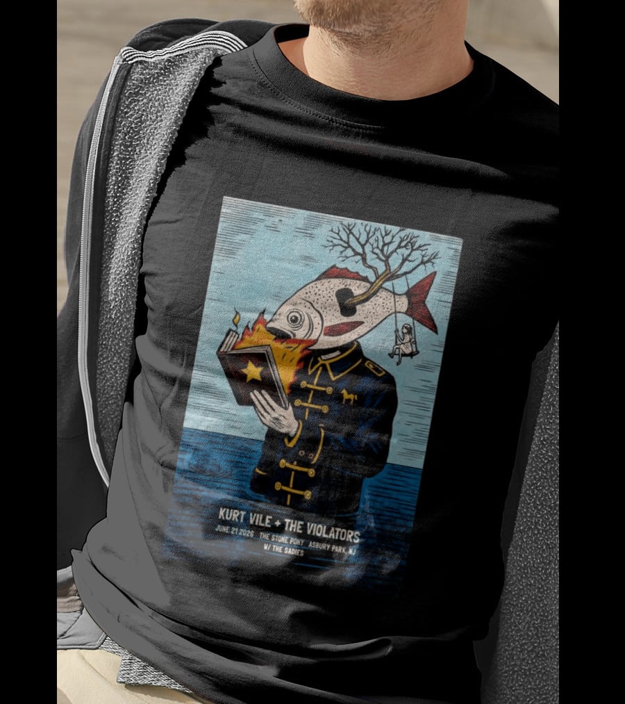 Kurt Vile + The Violators June 21 2026 Stone Pony Asbury Park NJ W/ The Sadies Surreal Fish Head Reading Book Burning Tree Swing T-Shirt