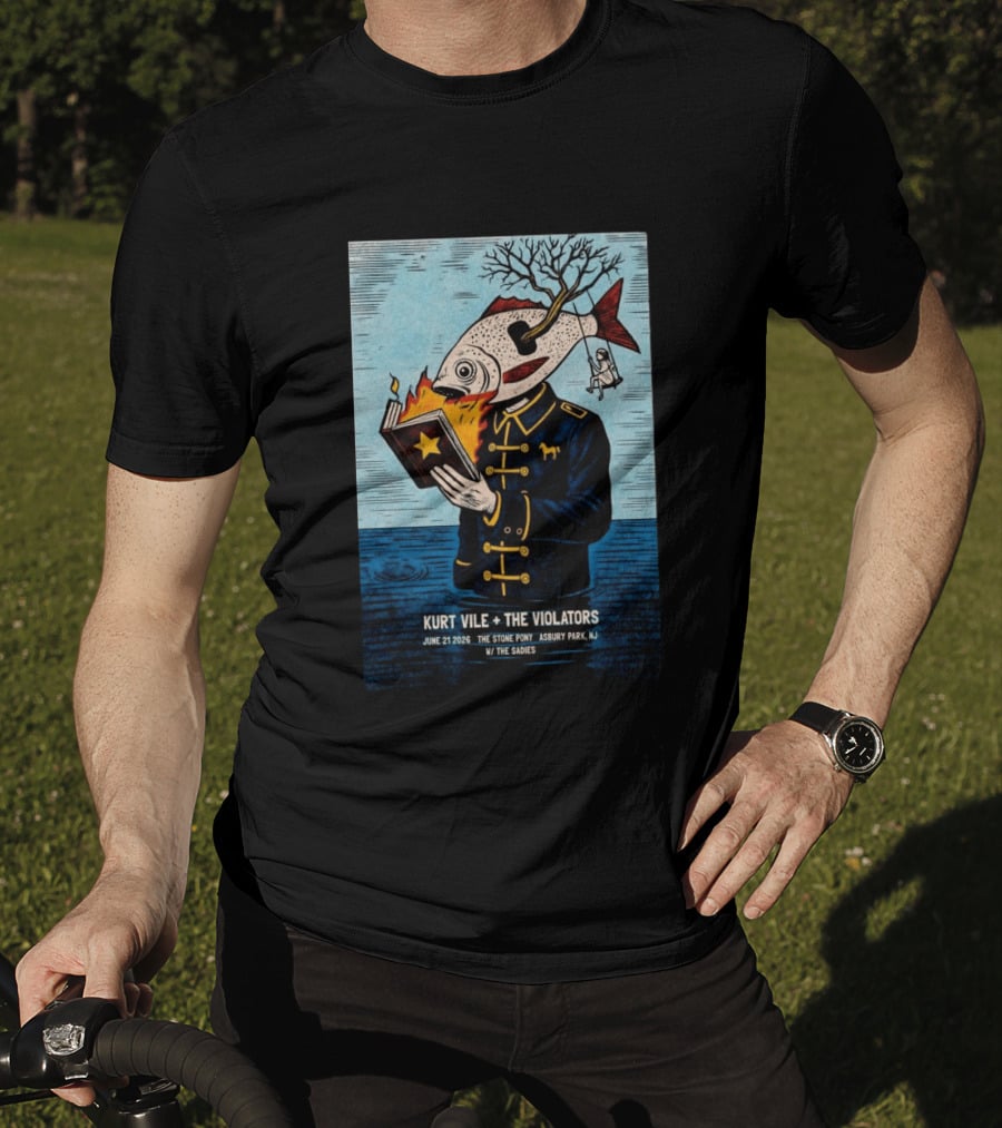 Kurt Vile + The Violators June 21 2026 Stone Pony Asbury Park NJ W/ The Sadies Surreal Fish Head Reading Book Burning Tree Swing T-Shirt