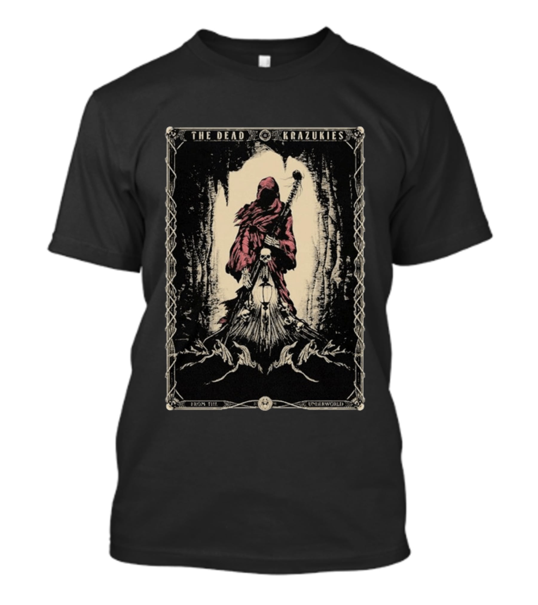The Dead Krazukies From The Underworld Hooded Figure With Staff And Skulls T-Shirt