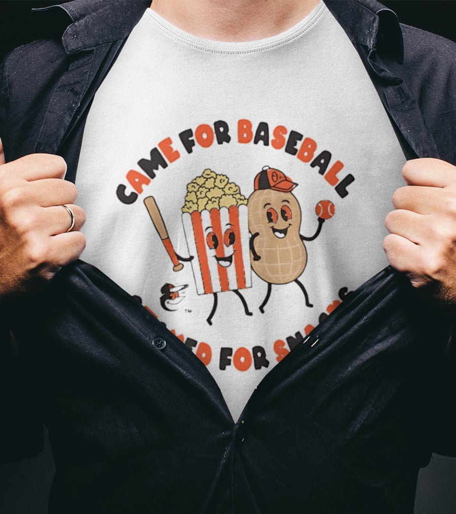 Baltimore Orioles Came For Baseball Stayed For Snacks Popcorn Peanut Baseball Bat T-Shirt