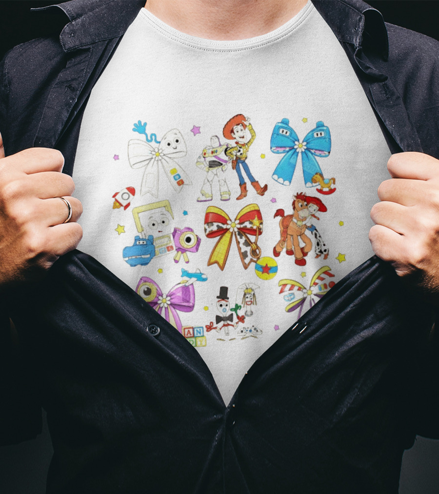 Woody Buzz Jessie Forky Andy Toy Story Characters With Colorful Bows T-Shirt