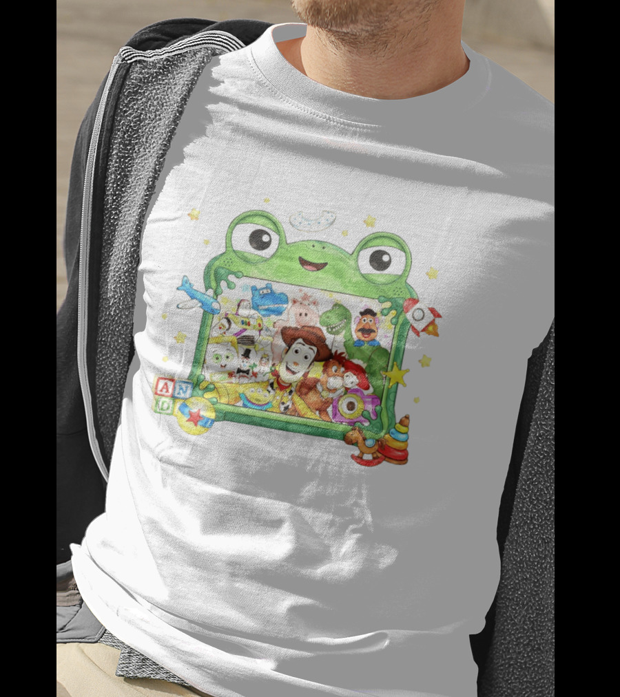 Woody And Buzz Lightyear Toy Story Characters Inside Frog Frame With Andy Blocks T-Shirt