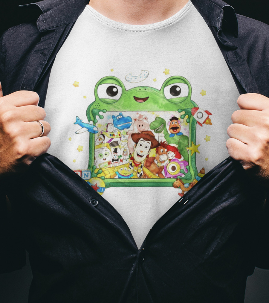 Woody And Buzz Lightyear Toy Story Characters Inside Frog Frame With Andy Blocks T-Shirt