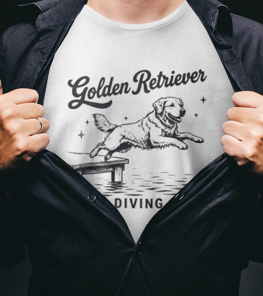Golden Retriever Dock Diving Club Vintage Style Black And White Dog T-Shirt