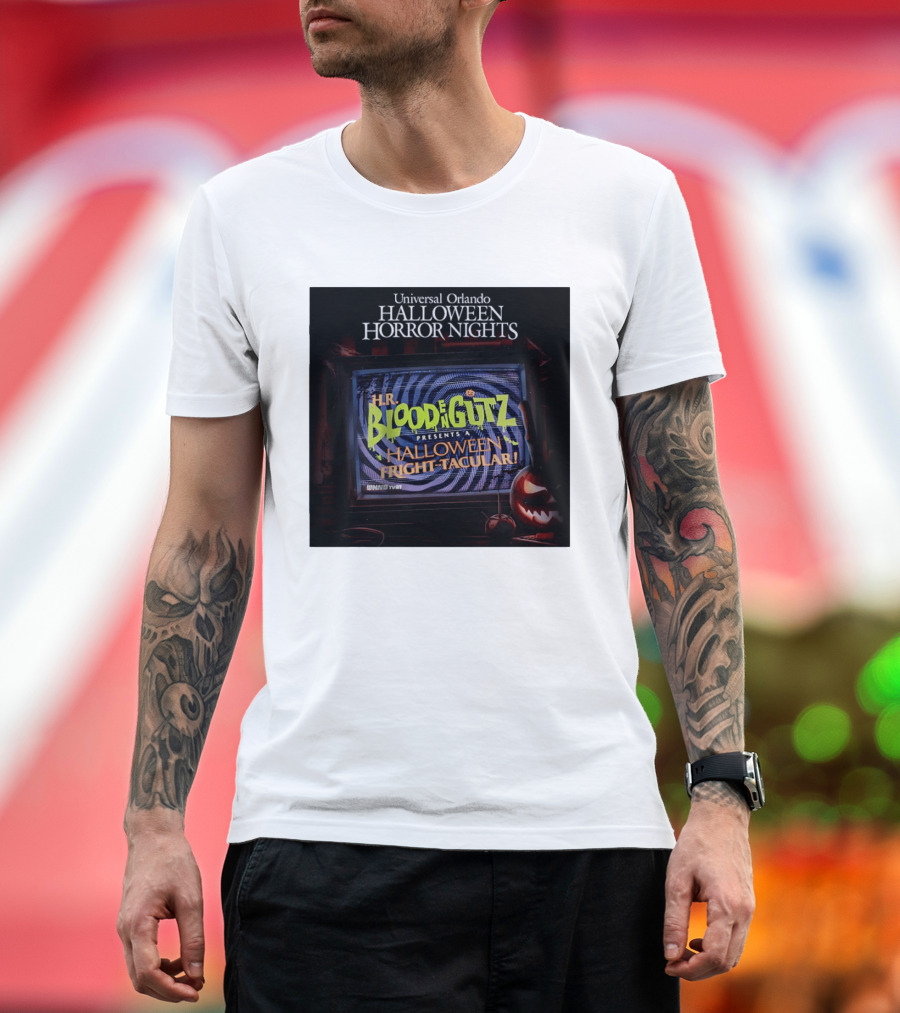 Universal Orlando Halloween Horror Nights HR Blood N Gutz Presents A Halloween Fright Tacular TV Experience T-Shirt