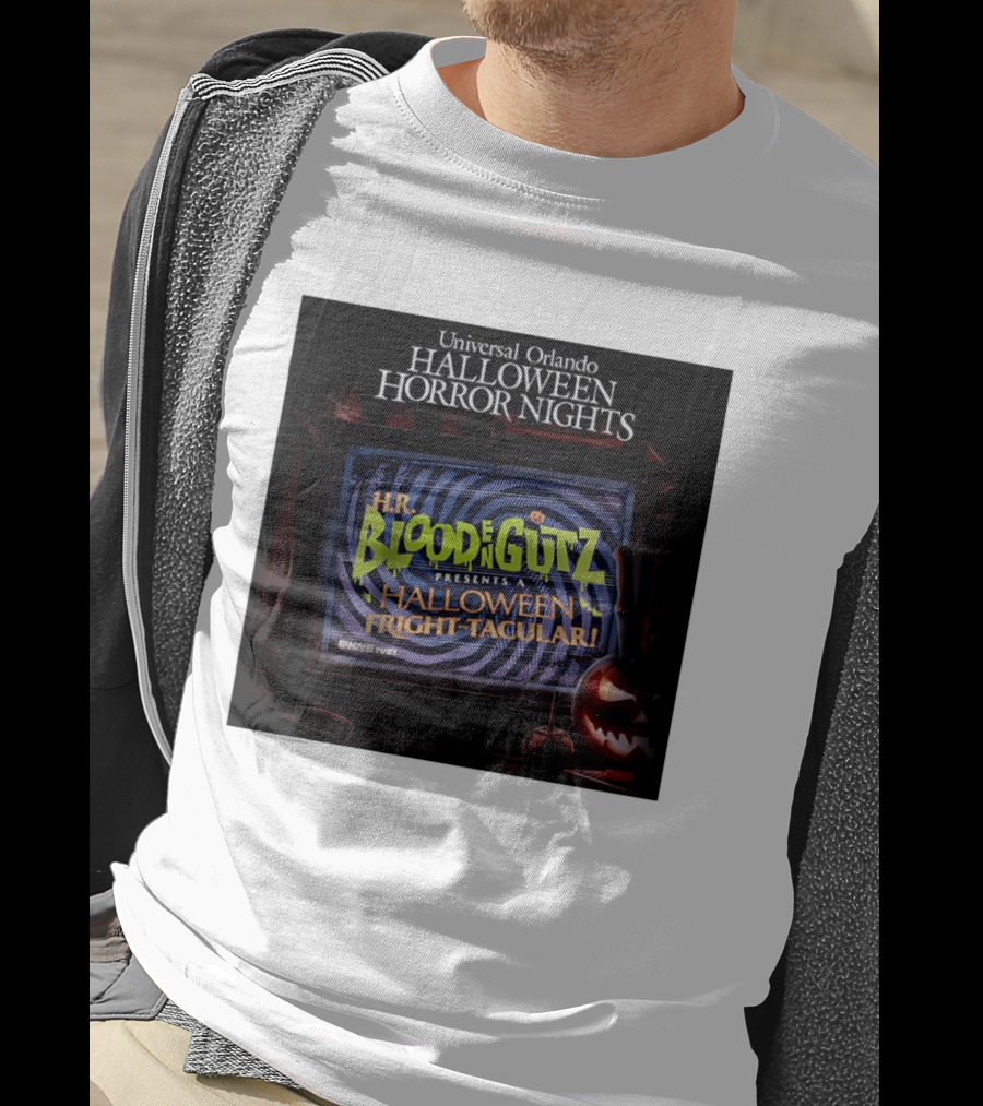 Universal Orlando Halloween Horror Nights HR Blood N Gutz Presents A Halloween Fright Tacular TV Experience T-Shirt