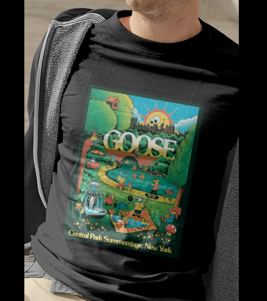 Goose Central Park Summerstage New York 2026 June 21 Lewy Jones Vibrant Park Scene With Sun And Fountain T-Shirt