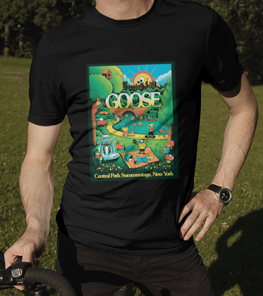 Goose Central Park Summerstage New York 2026 June 21 Lewy Jones Vibrant Park Scene With Sun And Fountain T-Shirt