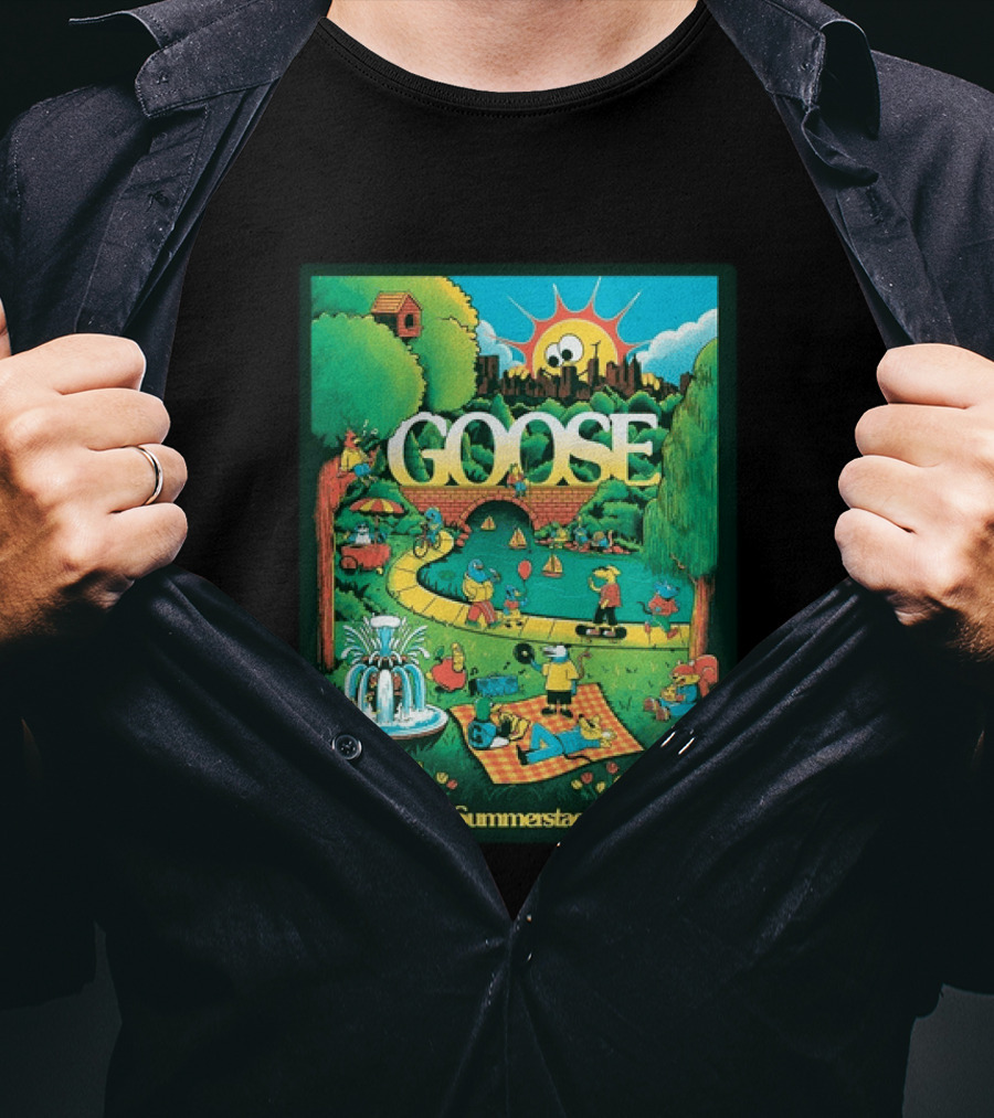 Goose Central Park Summerstage New York 2026 June 21 Lewy Jones Vibrant Park Scene With Sun And Fountain T-Shirt