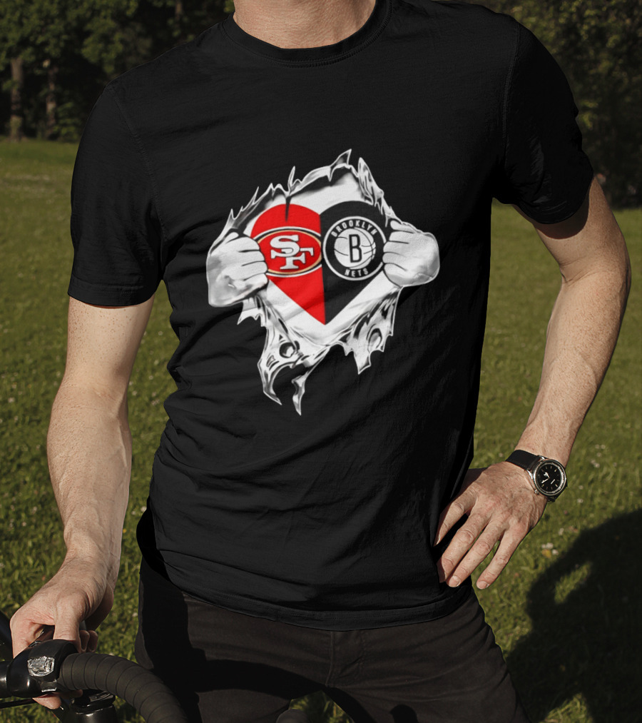 San Francisco 49ers Brooklyn Nets Heart Design Scratch Image T-Shirt