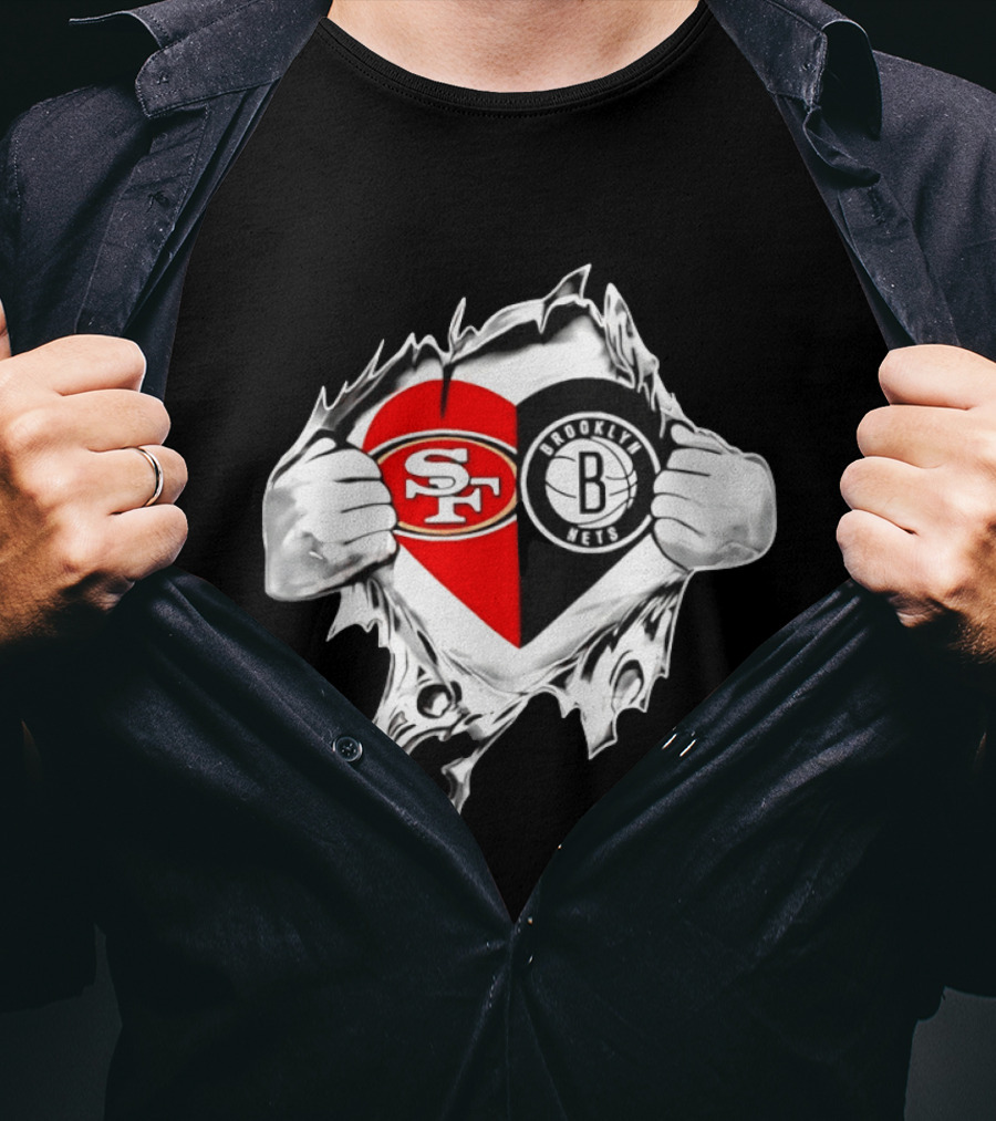 San Francisco 49ers Brooklyn Nets Heart Design Scratch Image T-Shirt