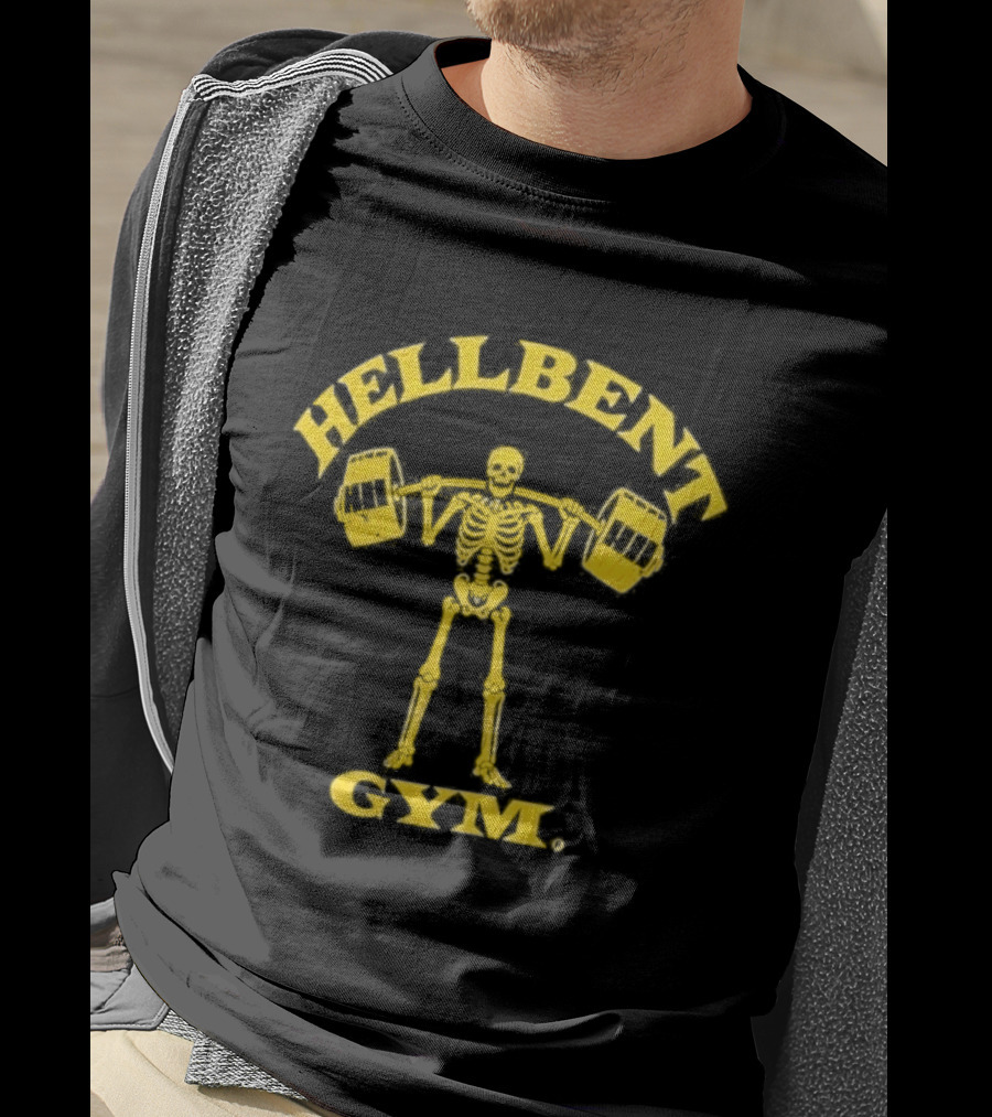 Hellbent Gym Skeleton Lifting Weights Yellow T-Shirt
