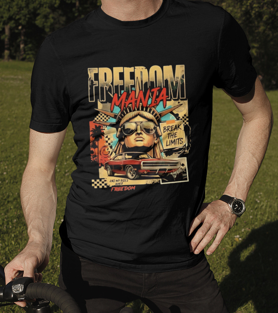Freedom Mania Break The Limits Vintage Car Liberty Cityscape T-Shirt