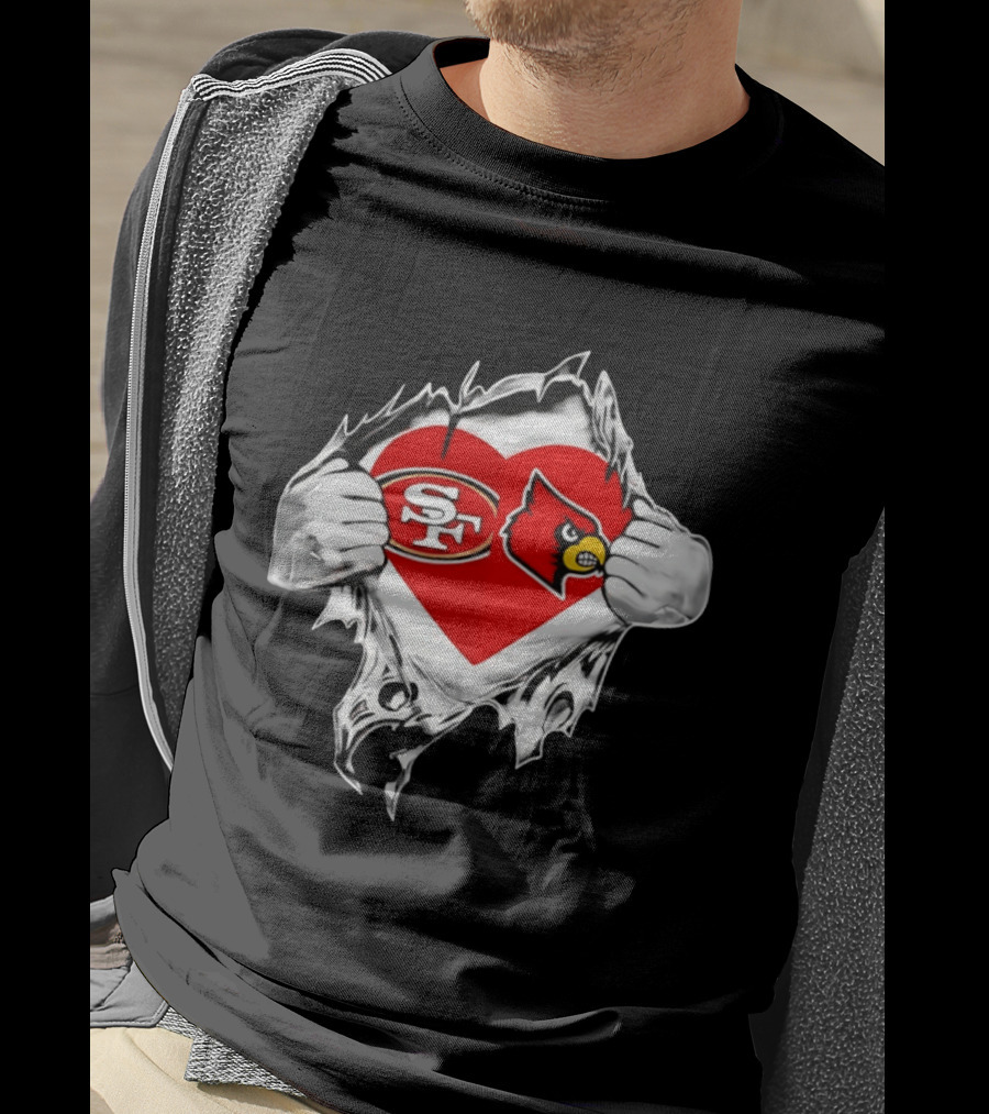 Louisville Cardinals San Francisco 49ers Heart Torn Edge Team Pride T-Shirt