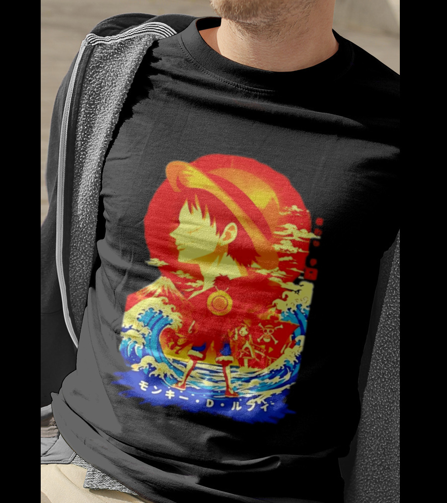 Monkey D. Luffy Straw Hat Waves Japanese Text One Piece Anime T-Shirt