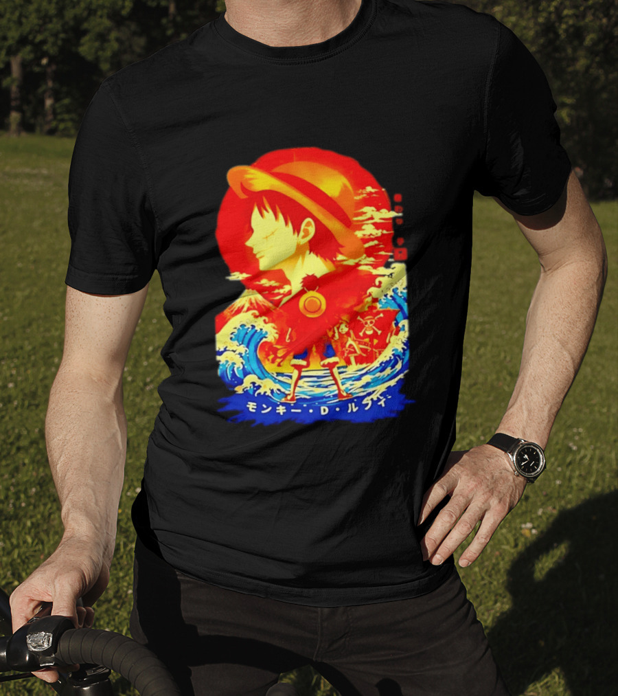 Monkey D. Luffy Straw Hat Waves Japanese Text One Piece Anime T-Shirt
