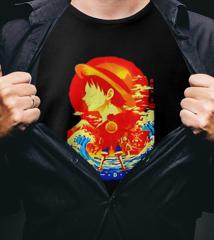 Monkey D. Luffy Straw Hat Waves Japanese Text One Piece Anime T-Shirt