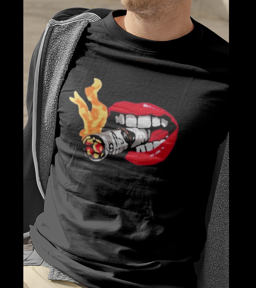 Flaming Smoking Money Lips Chenille T-Shirt