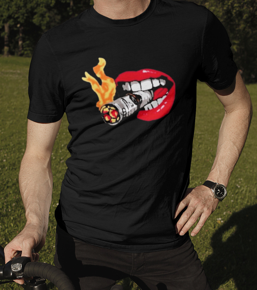 Flaming Smoking Money Lips Chenille T-Shirt