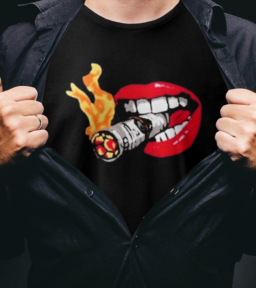 Flaming Smoking Money Lips Chenille T-Shirt