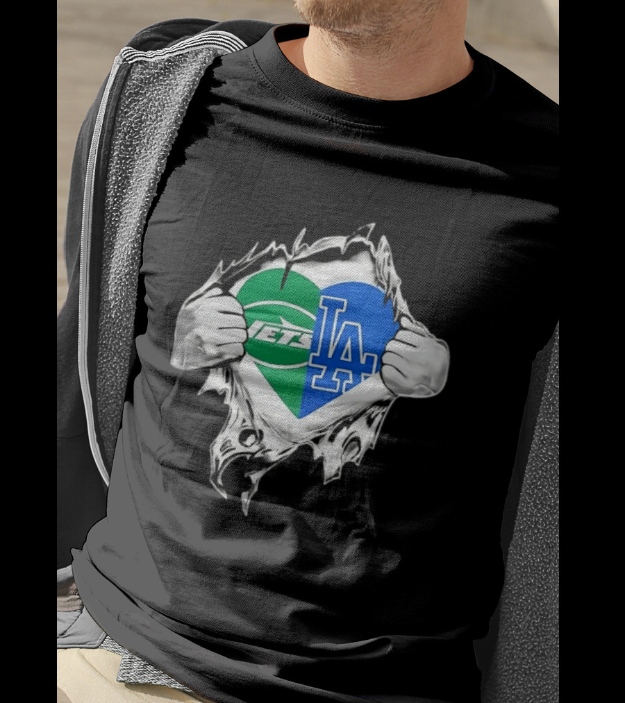New York Jets Los Angeles Dodgers Heart Scratch T-Shirt