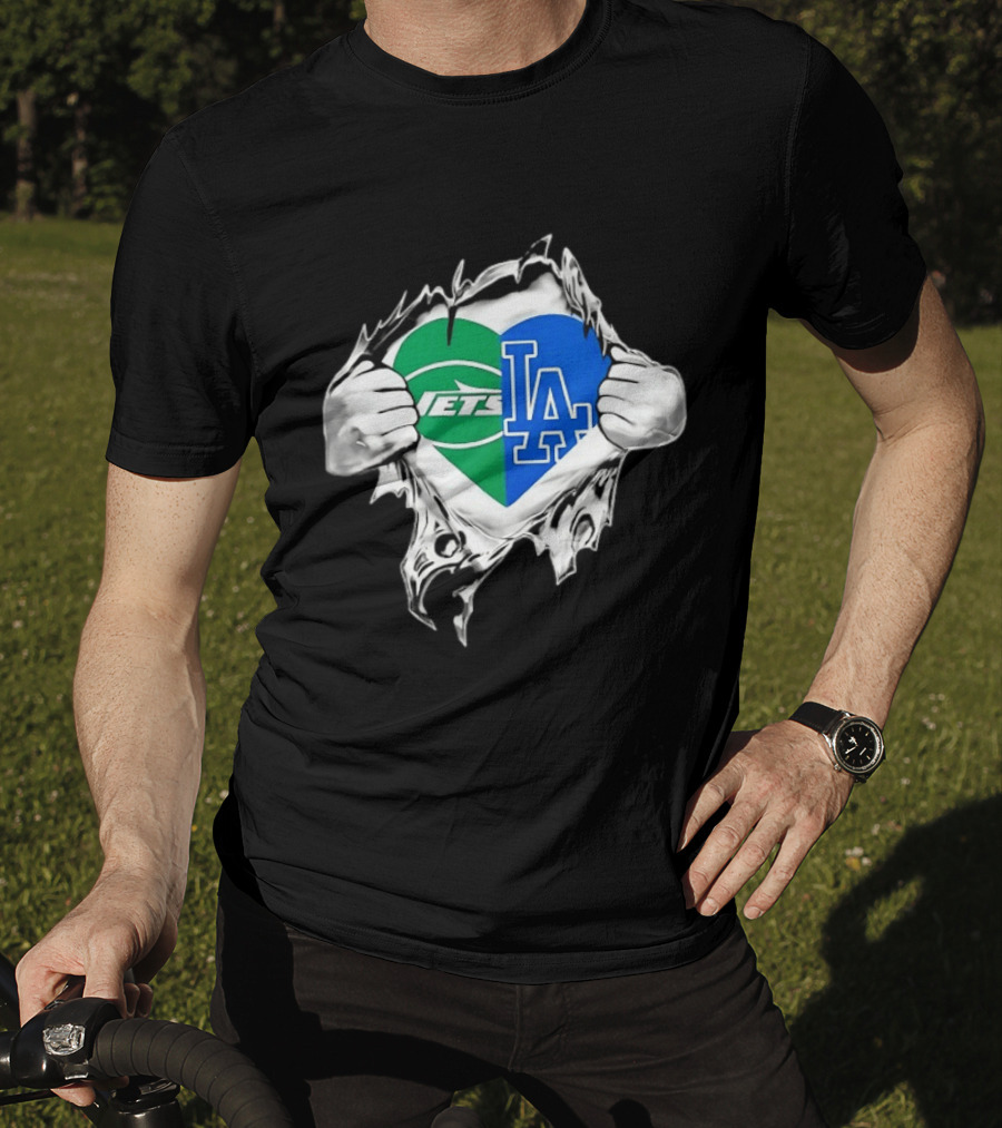 New York Jets Los Angeles Dodgers Heart Scratch T-Shirt