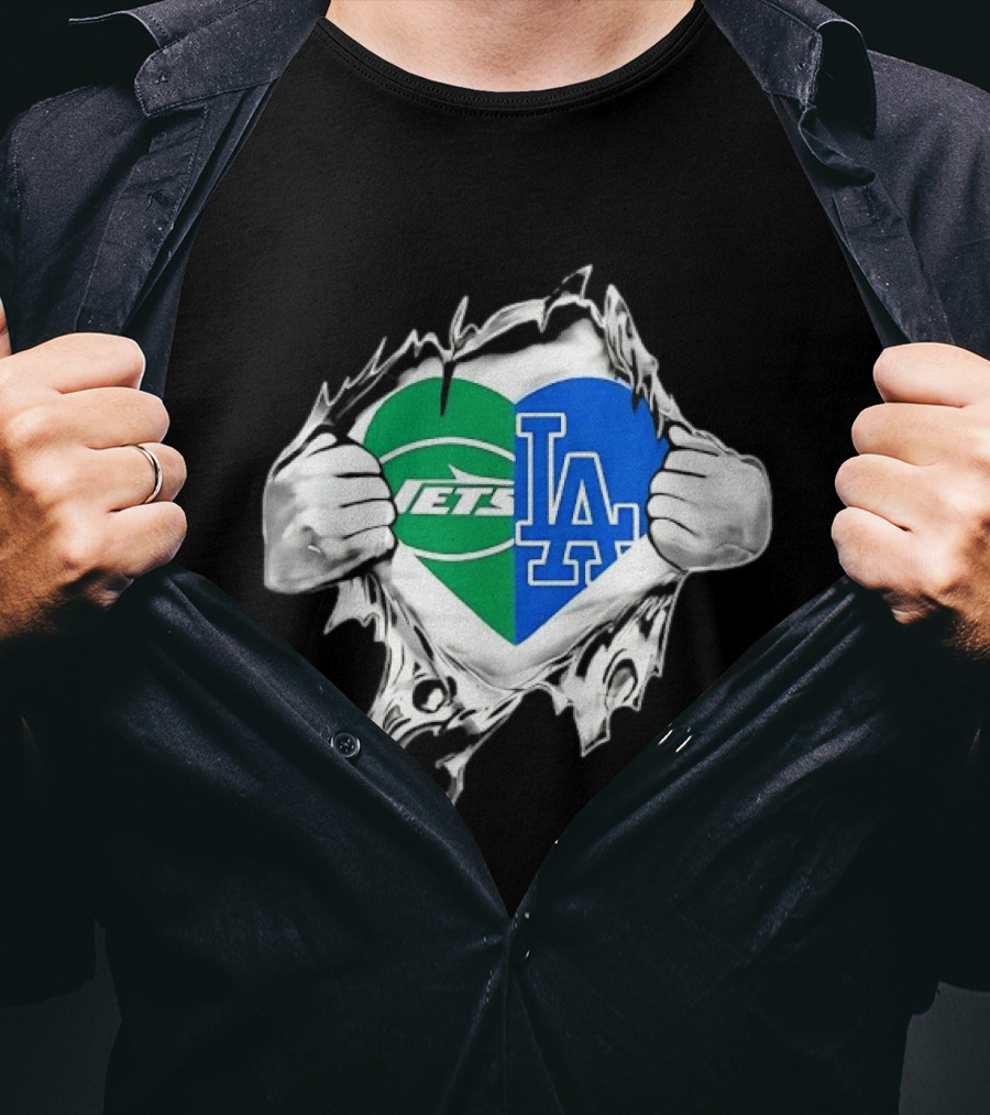 New York Jets Los Angeles Dodgers Heart Scratch T-Shirt