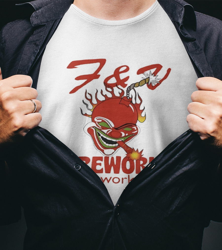 F & V Fireworks Clown Logo With Lit Firecracker And Fnvfireworks.com T-Shirt