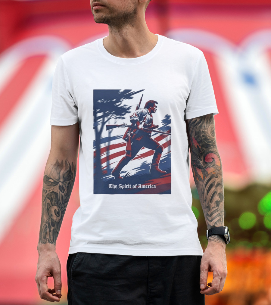 The Spirit Of America Revolutionary War Soldier With Musket And American Flag T-Shirt