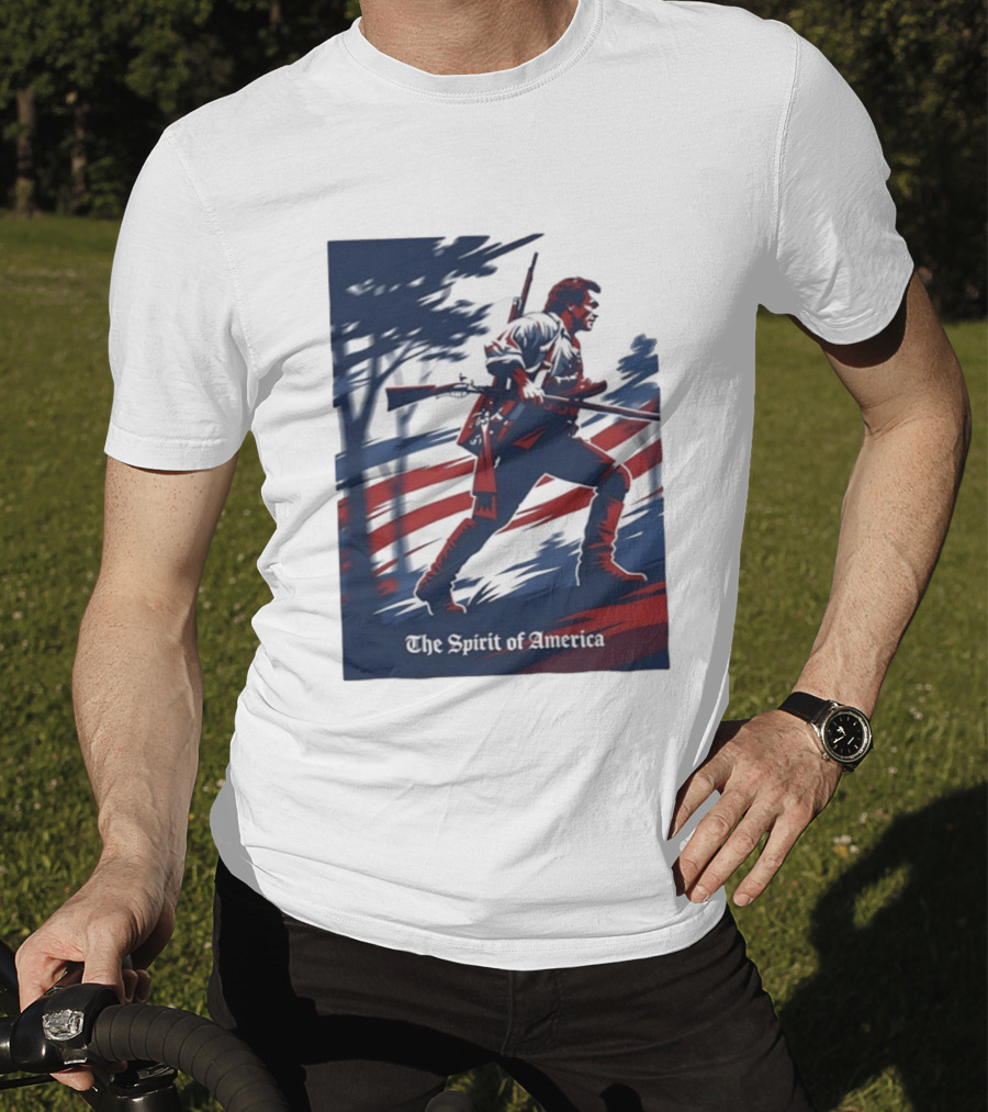 The Spirit Of America Revolutionary War Soldier With Musket And American Flag T-Shirt