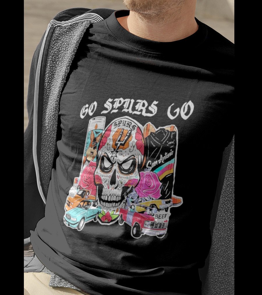 San Antonio Spurs Sugar Skull Go Spurs Go Vintage Cars Roses T-Shirt