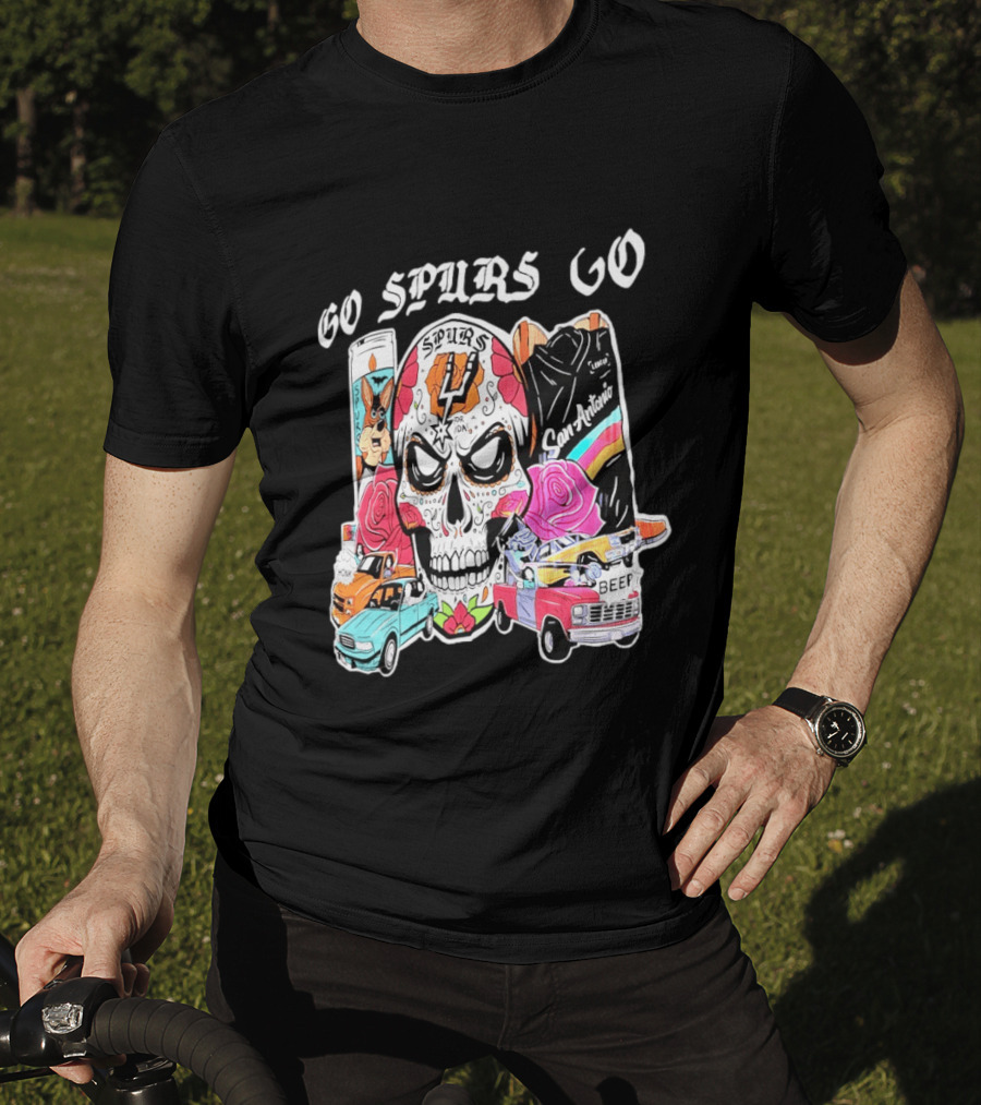 San Antonio Spurs Sugar Skull Go Spurs Go Vintage Cars Roses T-Shirt