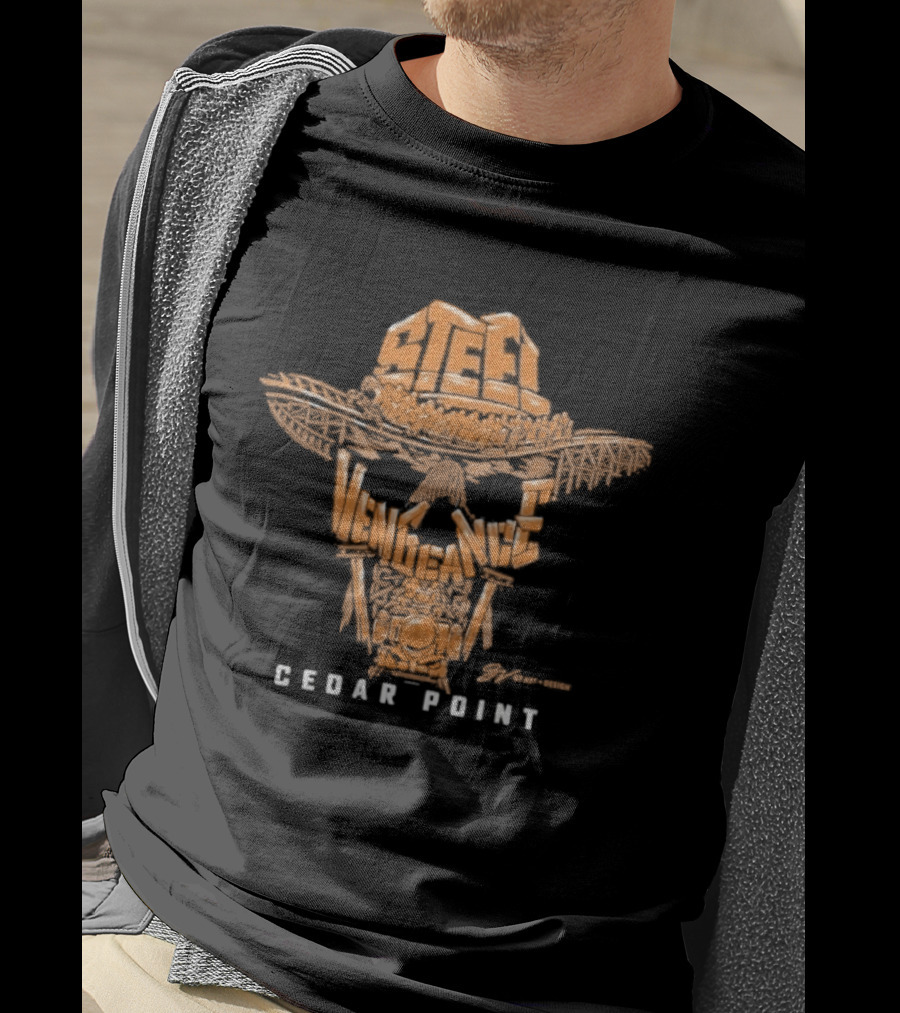 Cedar Point Steel Vengeance Orange Skull Logo & GV Wordscape T-Shirt