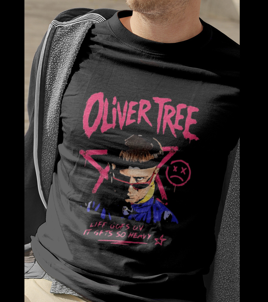 Oliver Tree Life Goes On It Gets So Heavy X Symbol Pink Text Sad Face T-Shirt