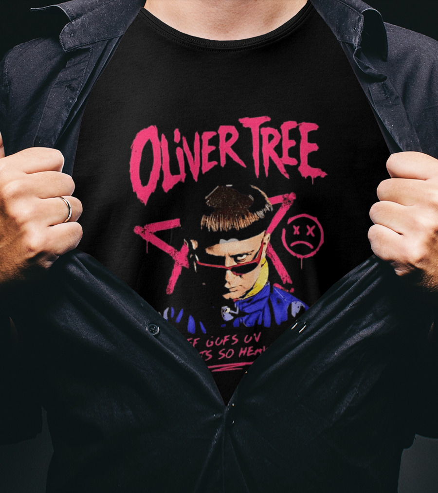Oliver Tree Life Goes On It Gets So Heavy X Symbol Pink Text Sad Face T-Shirt