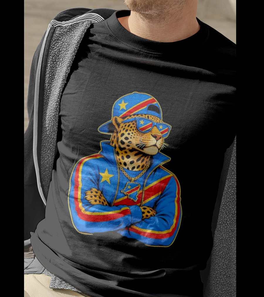 DR Congo Flag Colors Leopard In Hip Hop Style Outfit T-Shirt