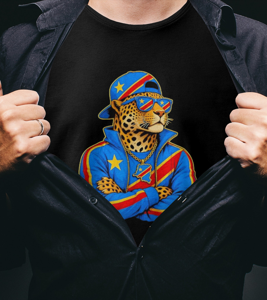 DR Congo Flag Colors Leopard In Hip Hop Style Outfit T-Shirt