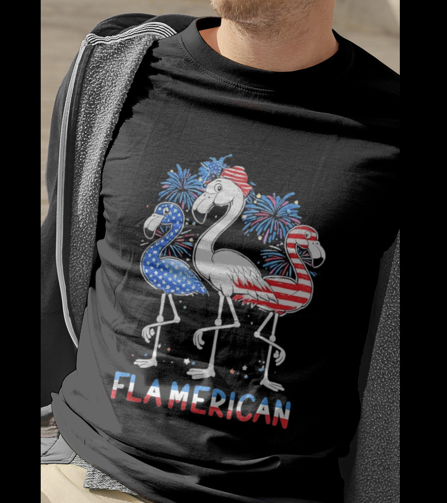 Flamerican Flamingo Fireworks Patriotic Fourth Of July T-Shirt