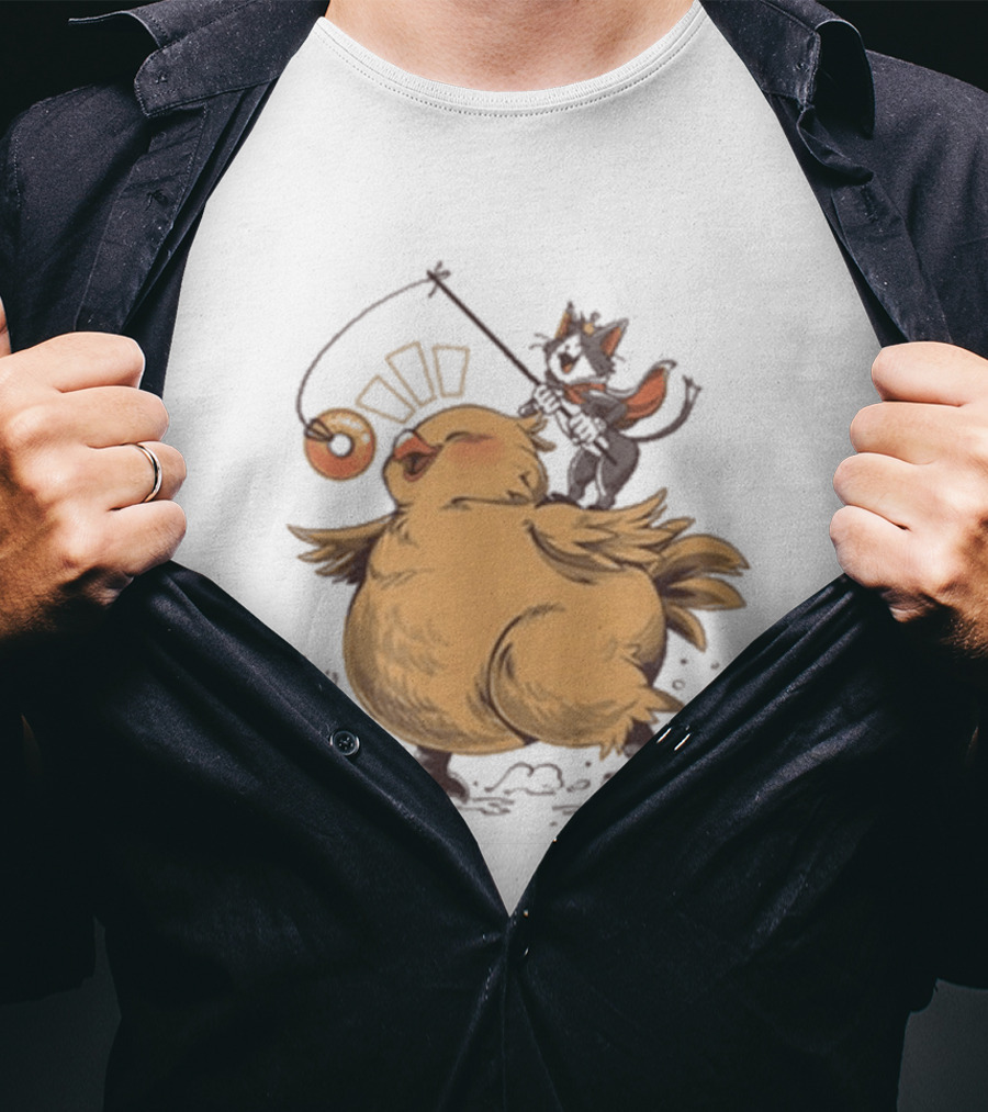 Chocobo Riding Cat Wizard With Donut Lure Delight T-Shirt