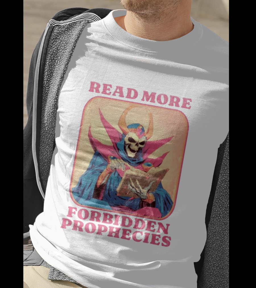 Read More Forbidden Prophecies Skeleton Cloaked Figure Holding Book T-Shirt