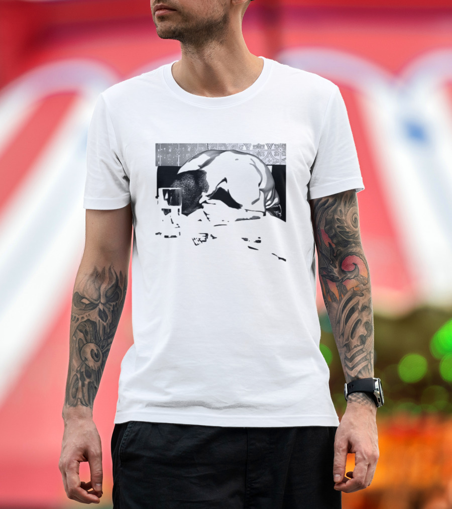 Rough Night Passed Out At Dinner Table Humor Black And White Image T-Shirt