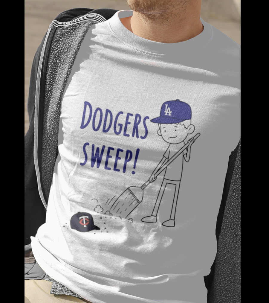 Dodgers Sweep Cartoon Figure In LA Cap Broom Action T-Shirt