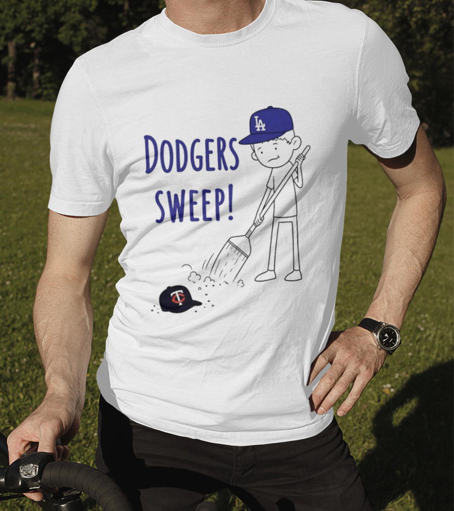 Dodgers Sweep Cartoon Figure In LA Cap Broom Action T-Shirt