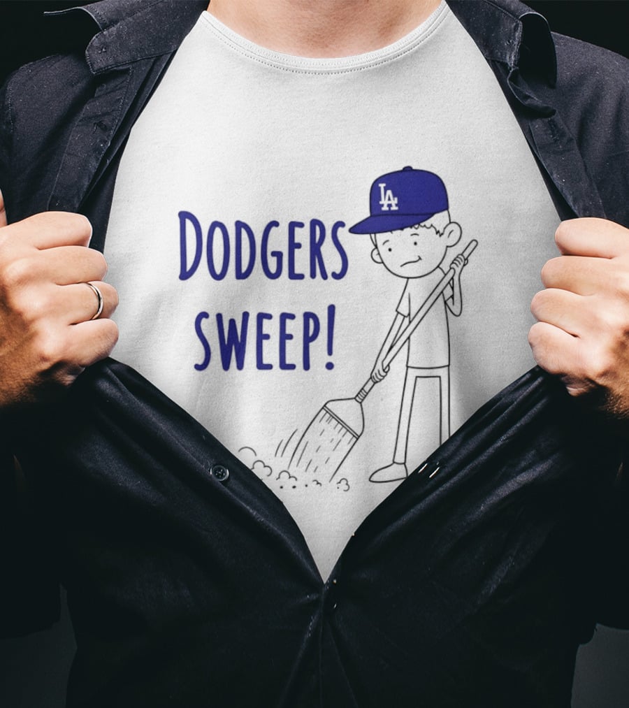 Dodgers Sweep Cartoon Figure In LA Cap Broom Action T-Shirt