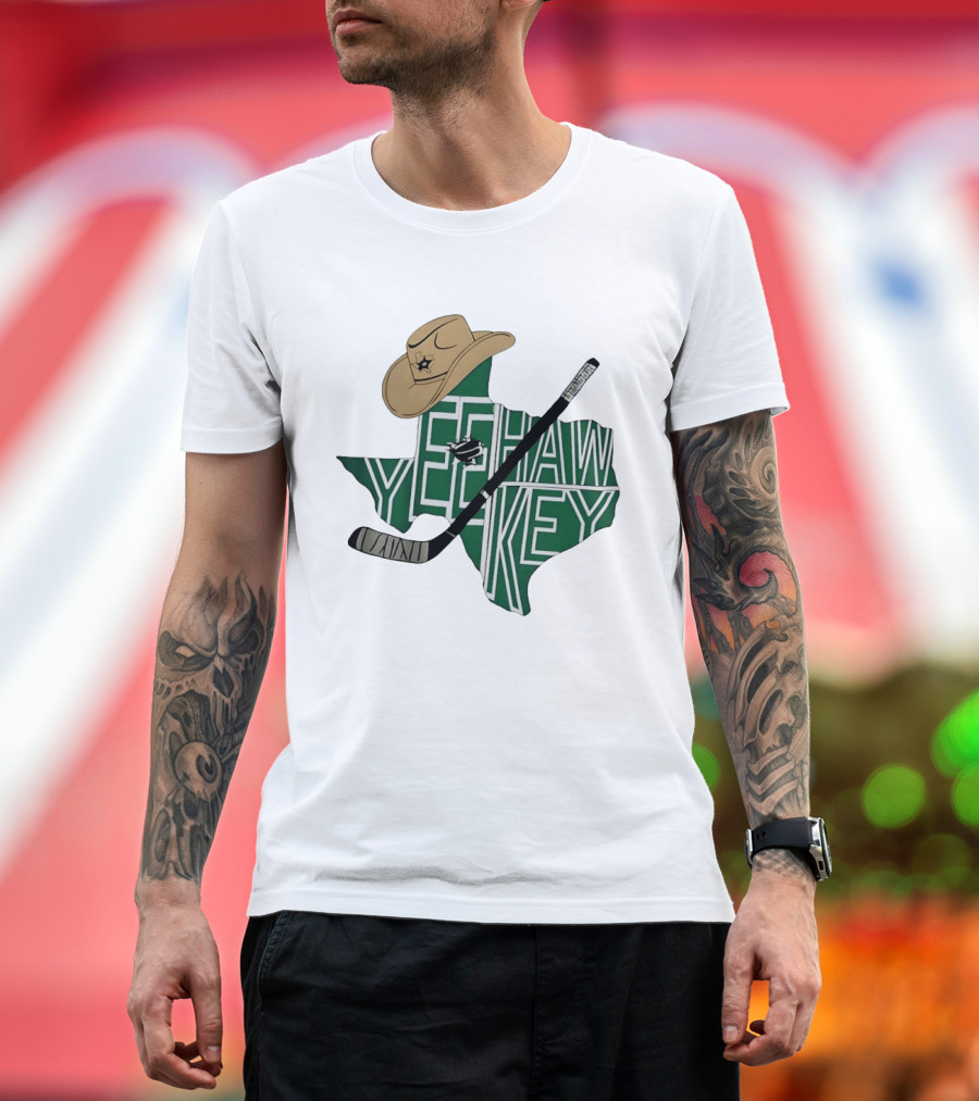 Yeehaw Key Texas Hockey Dallas Stars NHL Cowboy Hat Hockey Stick Map T-Shirt