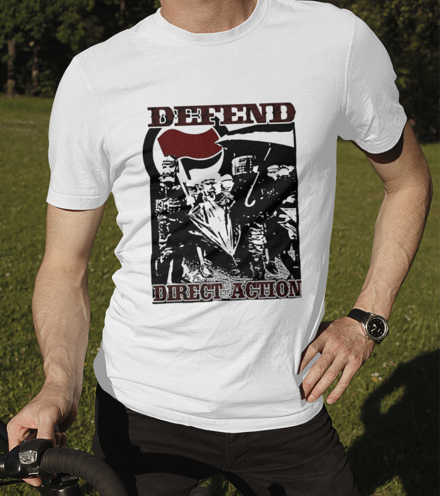 Defend Direct Action Antifa Protest Imagery With Red Flag Iconography T-Shirt