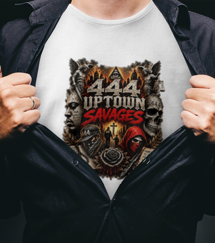 444 Uptown Savages Urban Gothic Art With Skulls And Roses T-Shirt