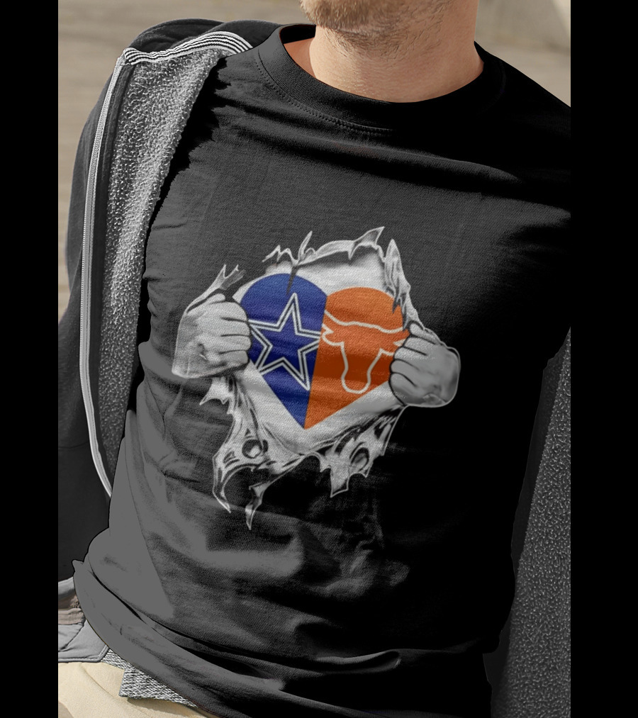Dallas Cowboys And Texas Longhorns Heart Symbol Tearing T-Shirt