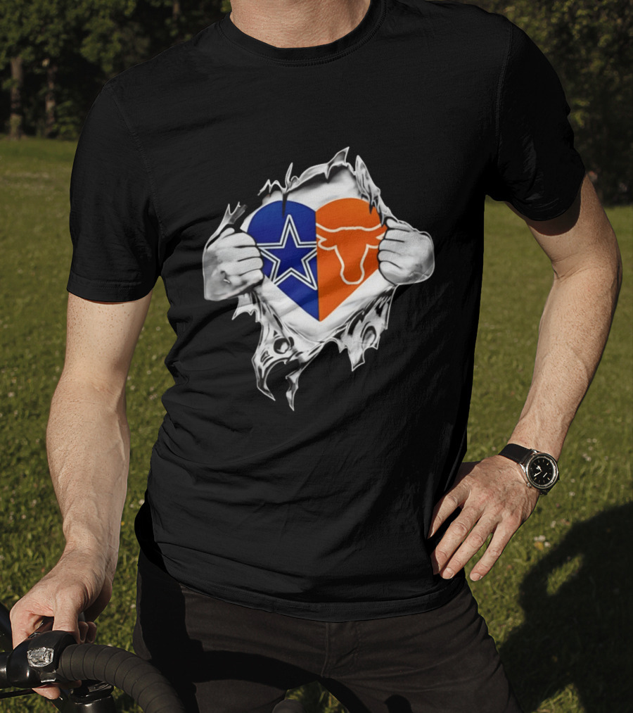 Dallas Cowboys And Texas Longhorns Heart Symbol Tearing T-Shirt