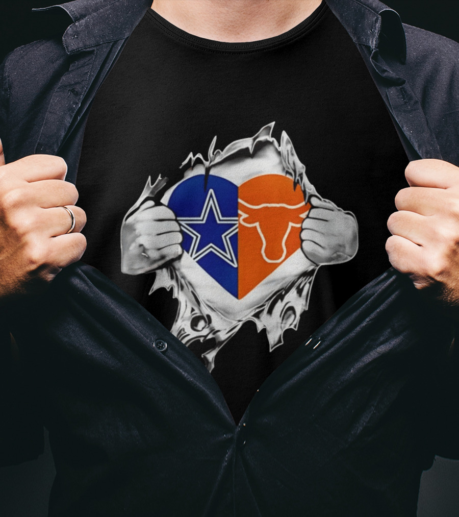Dallas Cowboys And Texas Longhorns Heart Symbol Tearing T-Shirt